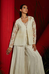 Ivory Georgette & Habutai silk embroidered Jacket Set